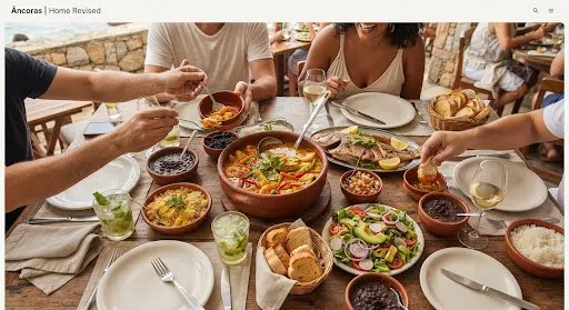 Mesa compartilhada com pratos do mar