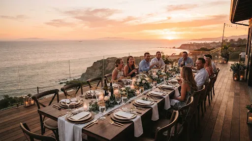Mesa preparada para celebrar ao pôr do sol